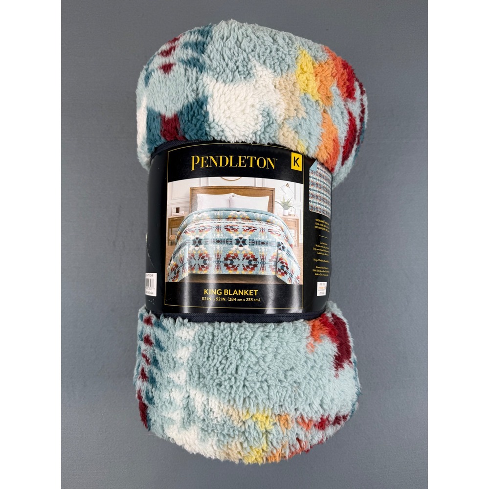 Pendleton King Blanket King Blue Southwestern Sherpa Plush Geometric